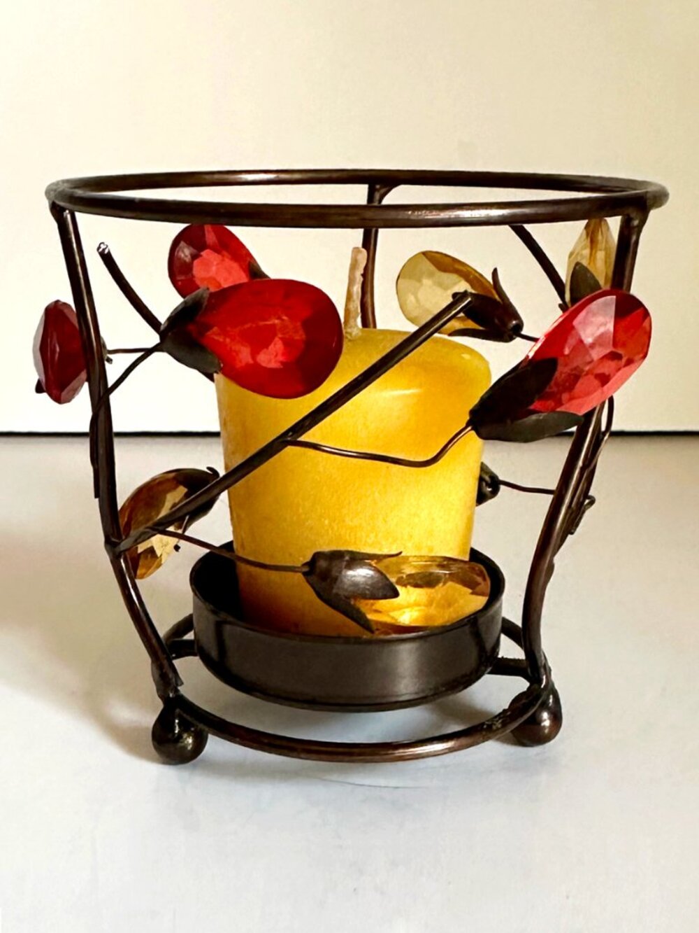 Autumn Metal Votive Tealight Candle Holder w/ Yellow & Red Leaves + Candle